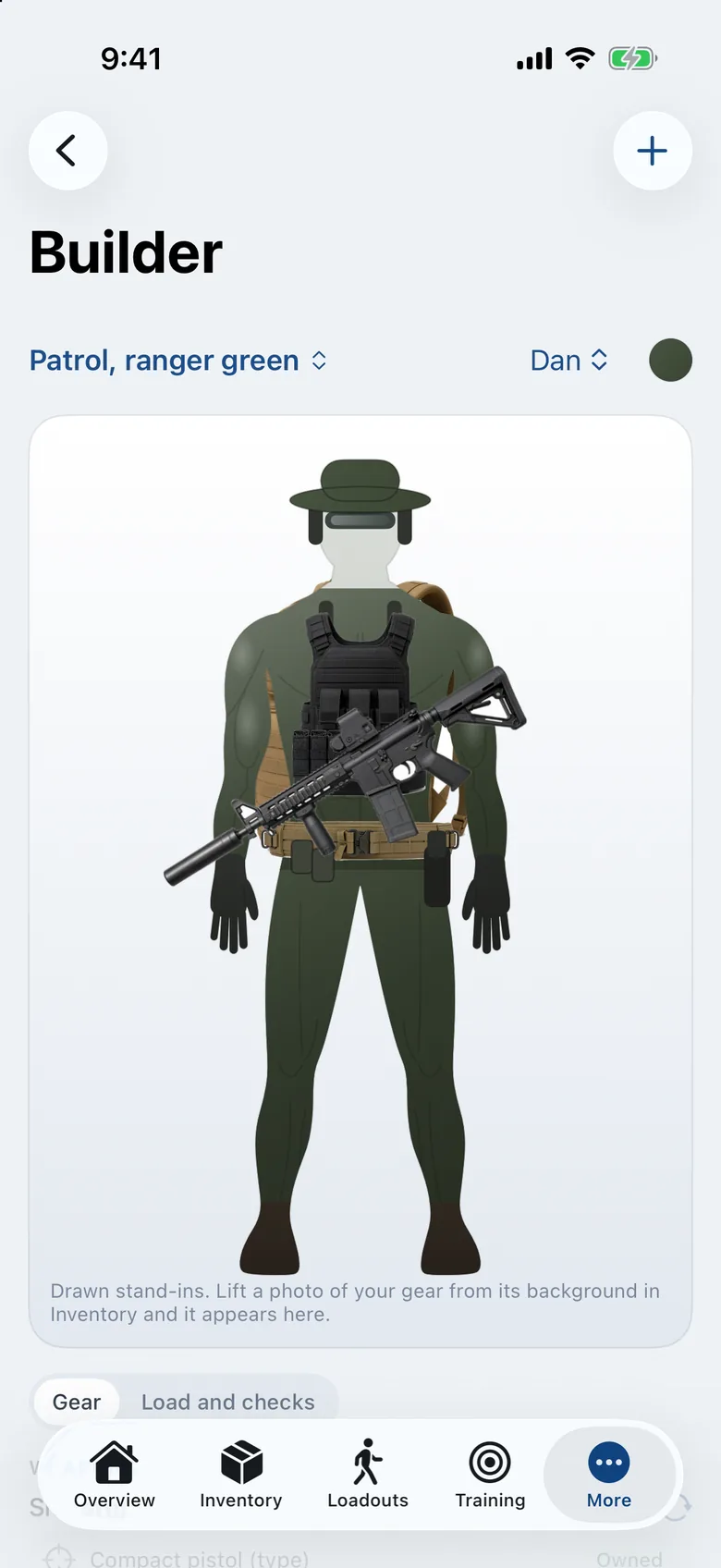 Loadout builder: a muscular figure in ranger green with a pack, plate carrier, battle belt and carbine shown as product pictures, and the gear list by slot below.