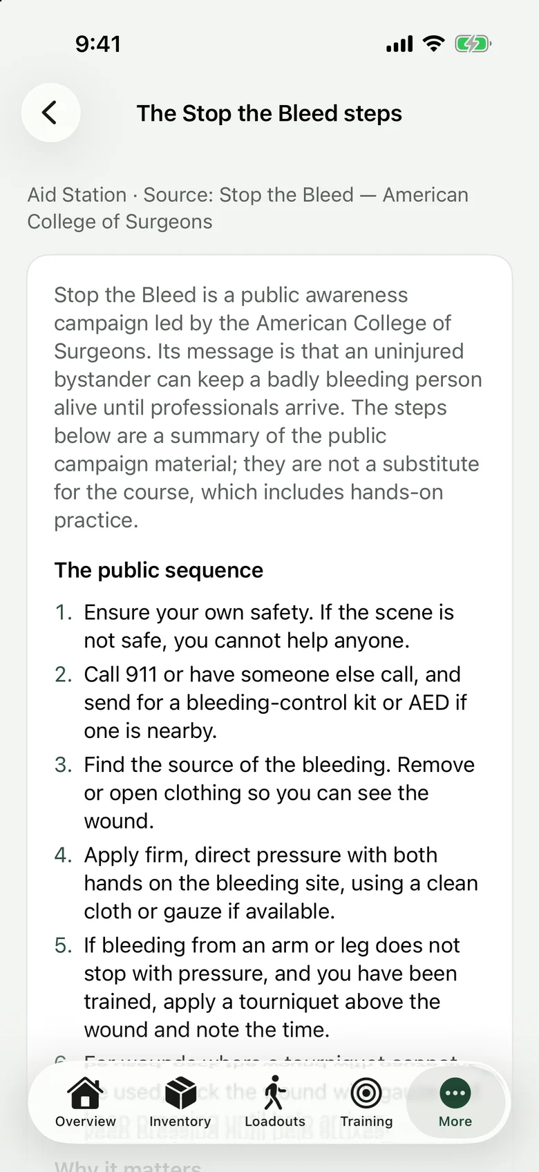 Knowledge article: the public Stop the Bleed steps, with the reminder to take the course.